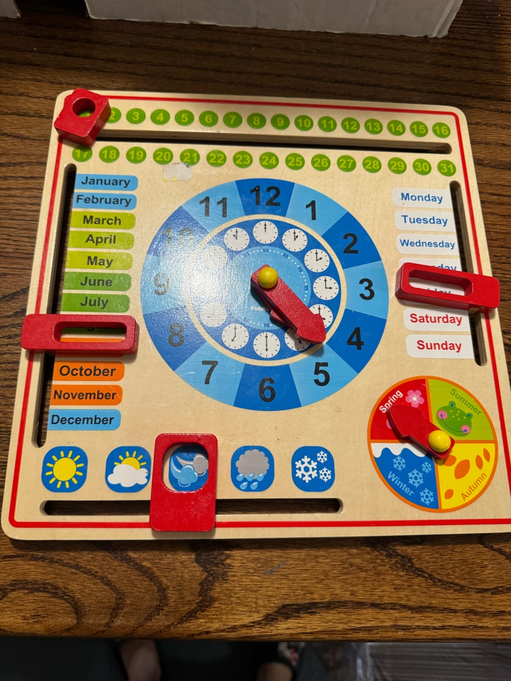 Wooden Kids Learning Clock and Weather Board - Blue & Red